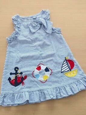 Girls Seersucker Blue Nautical Bow Sundress | 2T